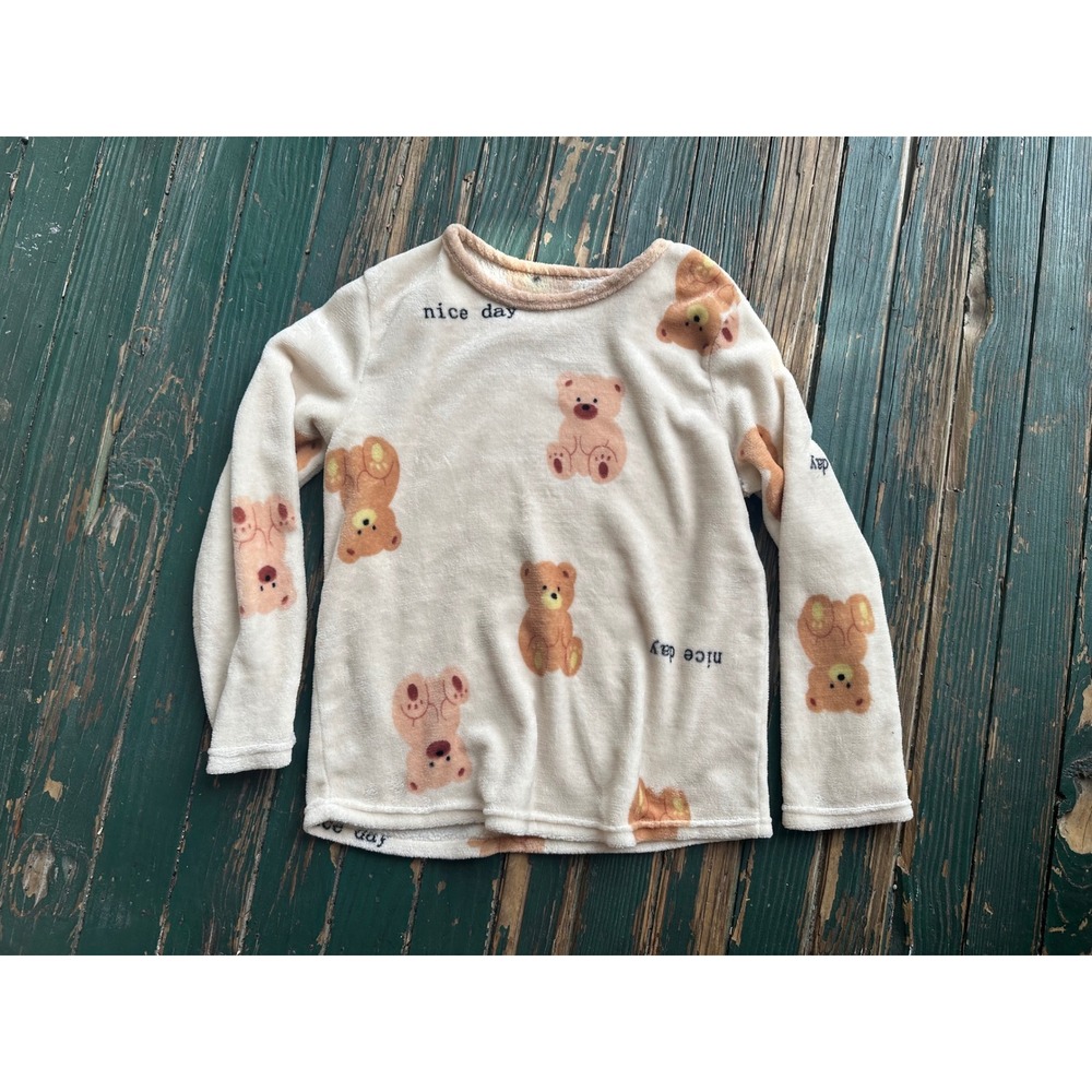 Nice Day Teddy Bear Fleece Pajama Top Cream Brown Long Sleeve Crewneck A3912